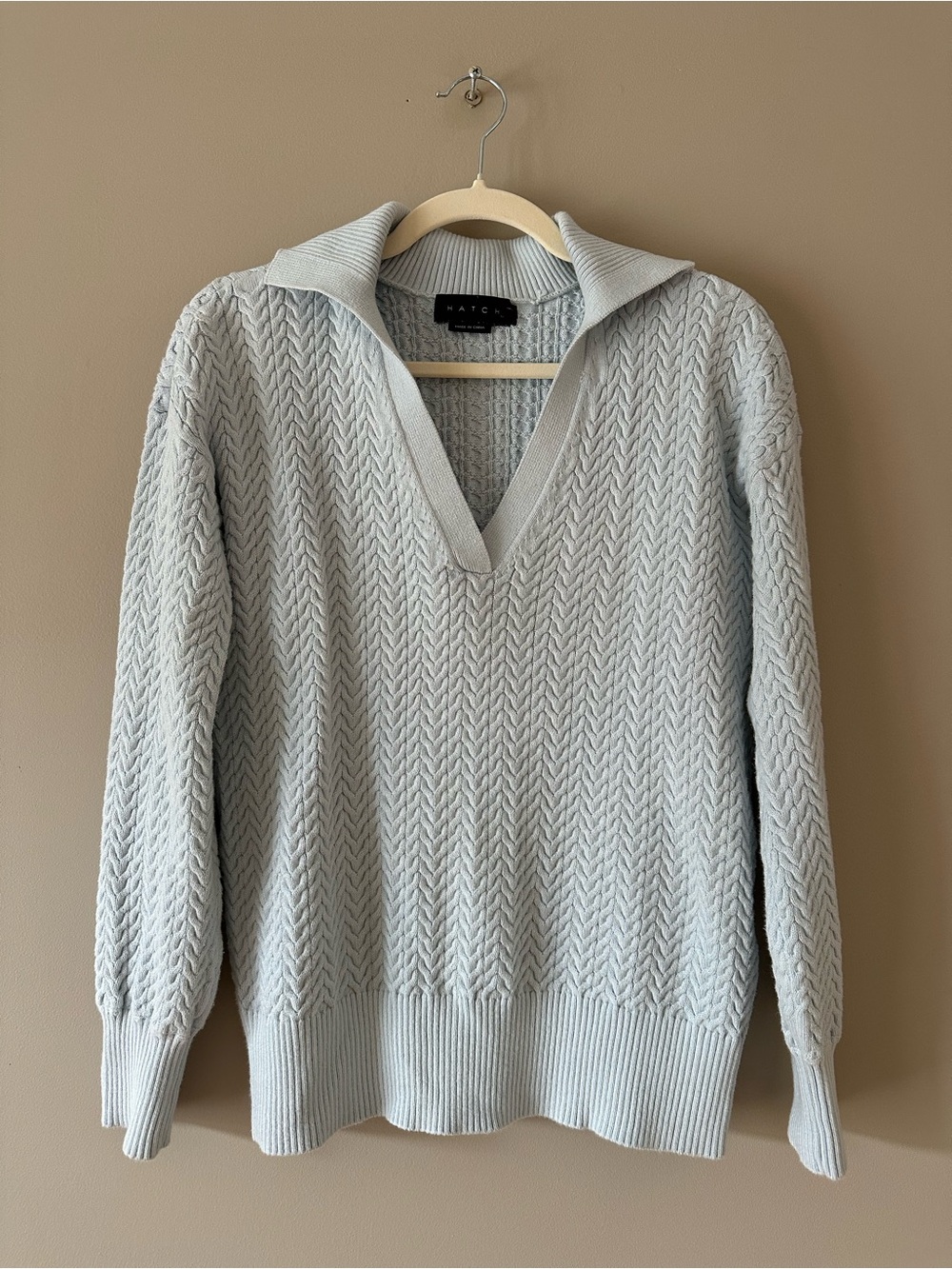Hatch Pale Blue Cable V-Neck Sweater with Fold-Over Collar